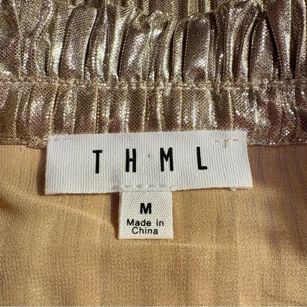 NWOT THML Metallic Gold Pleated Peplum Blouse Size Medium - Picture 6 of 8